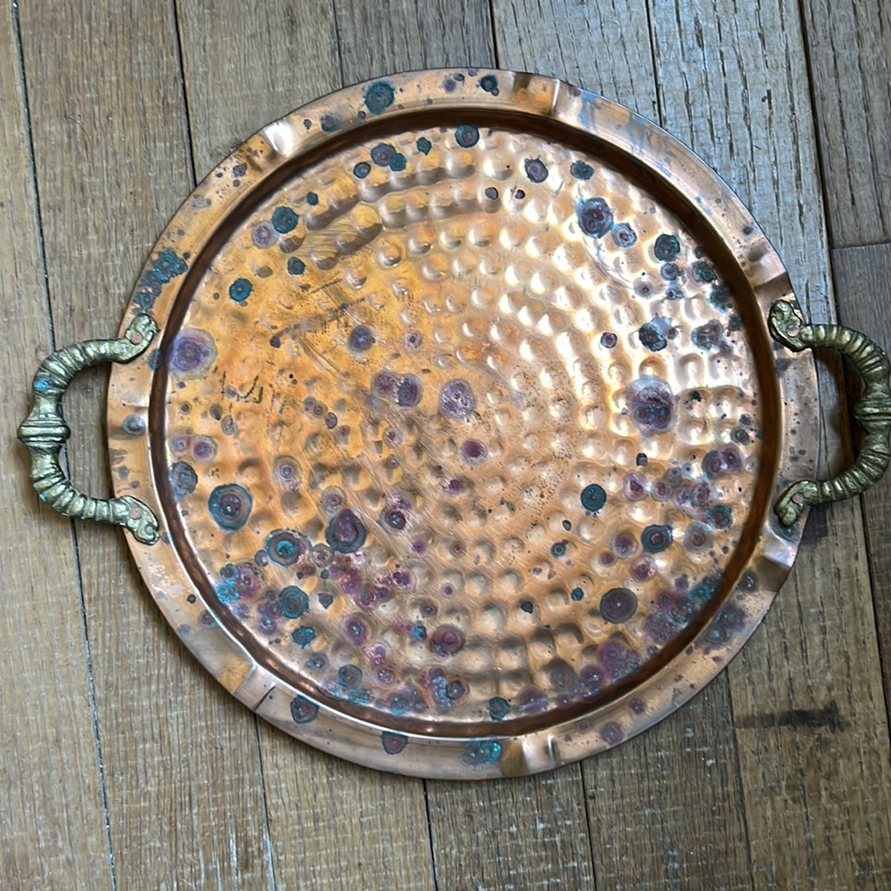 Vintage copper round serving trey with brass handles hammered design, rustic